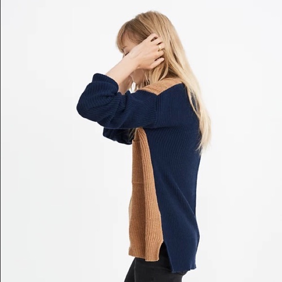 Madewell Tan & Navy Color Block Thompson Pocket Pullover Sweater - Picture 3 of 6